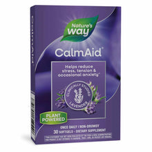Nature's Way CalmAid purple supplement box with green leaf logo and lavender flower imagery, containing 30 softgels.
