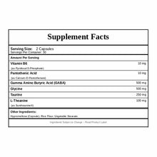 Supplement Facts label for Calm Day capsules showing serving size of 2 capsules with ingredients including Vitamin B6, GABA,