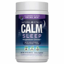 Natural Vitality Calm Sleep wildberry flavor drink mix powder in white container with purple band and dark blue label.