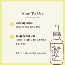 Dropper bottle with usage instructions showing serving size of 1/2 teaspoon and suggested use of 2 to 6 times daily.