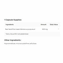 Supplement facts label showing red yeast rice 600mg per capsule with hypromellose and microcrystalline cellulose as other ing