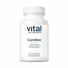 White bottle of Vital Nutrients Carnitine dietary supplement with white cap containing 60 vegan capsules.