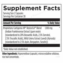 Supplement Facts label for Cartigenix HP showing serving size of 2 capsules, 30 servings per container, with proprietary blen