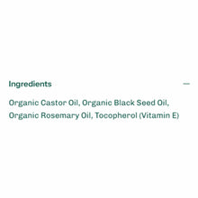 Green text on a white background lists ingredients: organic castor oil, organic black seed oil, organic rosemary oil, and tocopherol (vitamin E).