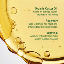 Golden oil with bubbles fills the background, overlaid with green text listing organic castor oil, rosemary, and vitamin E ingredients.