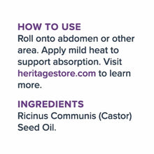 Text on white background displaying usage instructions and ingredients for castor oil roll-on product.
