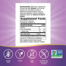 Supplement Facts label for Cat's Claw Bark capsules showing dosage, ingredients, and certifications including Non-GMO Project