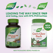 Two Nature's Way Cat's Claw Bark supplement bottles: dark glass bottle on left, white bottle on right with "New Look" badge,