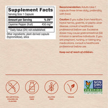 Supplement Facts label for Cayenne Pepper fruit capsules showing 450 mg per serving with plant-derived capsule ingredients.