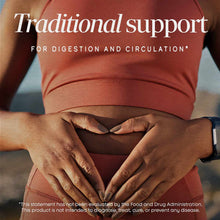Person in coral/rust-colored shirt with hands positioned on stomach area, text overlay about digestive and circulation suppor