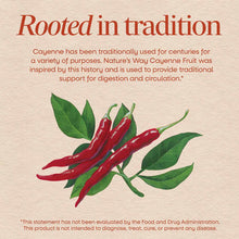 Red cayenne peppers with green stems and leaves on beige background with text.