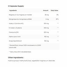 Supplement facts label for Cellular Energy capsules listing ingredients including magnesium, coenzyme Q10, and acetyl L-carni