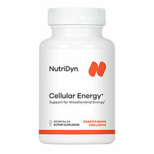 White NutriDyn Cellular Energy supplement bottle with red logo and orange band containing 60 capsules.