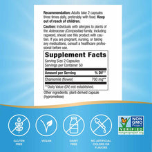 Supplement Facts label for Nature's Way Chamomile Flower capsules showing 700mg per serving with usage and caution informatio