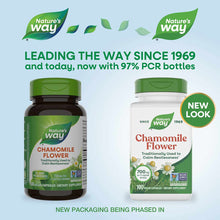 Two bottles of Nature's Way Chamomile Flower dietary supplement: dark glass bottle on left and white bottle on right with gre