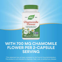 Nature's Way Chamomile Flower supplement bottle with green cap, 100 vegan capsules, 700 mg per serving, against blue backgrou