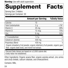 Supplement Facts label for Children's Immune chewable wafers showing nutritional information including vitamins C and D, zinc