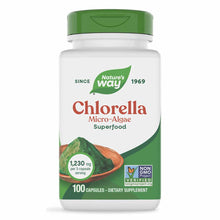 White bottle with green cap labeled "Nature's Way Chlorella Micro-Algae Superfood," containing 100 capsules, 1,230 mg per ser