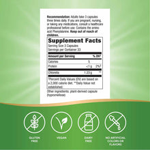 Supplement facts label for chlorella capsules showing dosage, nutritional information, and certification badges for gluten-fr