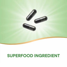 Three black capsules on green gradient background with "Superfood Ingredient" text below.