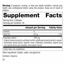Supplement Facts label for Chlorophyll Complex softgels showing serving size, nutritional information, and proprietary blend
