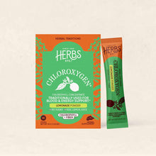 Chloroxygen Lemonade Powder box with 10 individual sticks and one loose packet displayed on a light background.