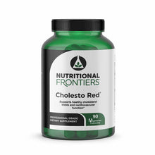 Green plastic bottle labeled Cholesto Red by Nutritional Frontiers containing 90 vegetarian capsules with black screw-top cap