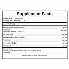 Supplement Facts label for Cholesto Red showing serving size of 3 capsules with ingredients including niacin, chromium, red y