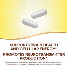 Two white oval capsules on yellow and white background with text describing choline and inositol supplement benefits.