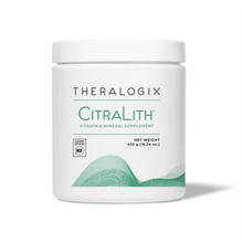 White cylindrical canister labeled Theralogix CitraLith vitamin and mineral supplement, 432g net weight, with green wave desi