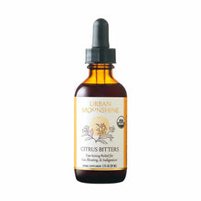 Amber glass bottle with black dropper cap and white label reading "Urban Moonshine Citrus Bitters," 2 fl oz herbal supplement