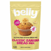 A pale yellow pouch of Belly gluten-free banana bread mix showing a banana-topped muffin and pink collagen and ingredient badges.
