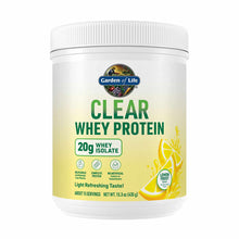 Garden of Life Clear Whey Protein powder in Lemon Frost flavor, 15.3 oz container with white lid.