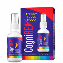 CogniREV 2 oz spray bottle with white pump top next to blue and red box labeled "Energy Focus Mood."