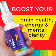 White spray bottle with blue label held in hand against red and yellow background.