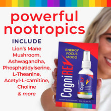 CogniREV 2 oz spray bottle with purple and red label held by person, displaying nootropic ingredients list and rainbow color