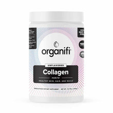 White plastic jar with white lid containing Organifi unflavored collagen powder, 10.79 oz.