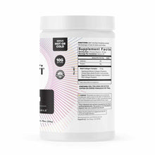White cylindrical jar of Organifi collagen powder with colorful striped design and supplement facts label.