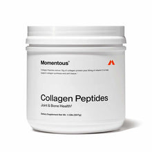 White jar of Momentous Collagen Peptides dietary supplement powder, 507g container with black text and red logo.
