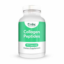 White and green bottle of collagen peptides dietary supplement capsules with NHC logo, containing 90 capsules.