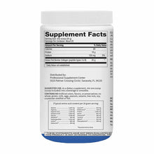 White plastic container with white screw cap showing Supplement Facts label for grass-fed bovine collagen peptides powder.