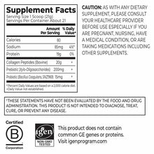 Supplement Facts label showing collagen peptides, pre and probiotics powder nutritional information with serving size, calori