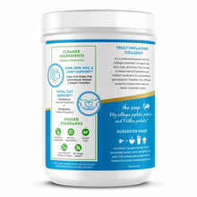 White plastic container of Orgain collagen peptides powder with blue and gold label detailing ingredients and usage instructi