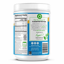 White plastic container of Orgain collagen peptides powder with blue label, supplement facts panel, and founder message visib