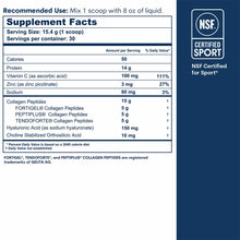 Supplement Facts label showing 15g collagen peptides per serving with vitamin C, zinc, hyaluronic acid, and NSF Certified for