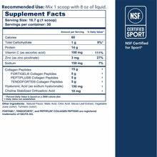Supplement facts label for collagen peptides powder showing nutrition information and NSF Certified for Sport badge.