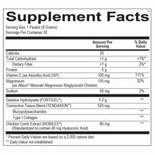 Supplement Facts label showing nutrition information for collagen powder stick packs with 30 servings per container.