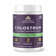 White jar with purple label containing Ancient Nutrition Colostrum powder in Coconut Lime flavor, 60 servings.
