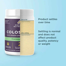White bottle of Ancient Nutrition Colostrum supplement with purple label on light blue background, showing product settling c