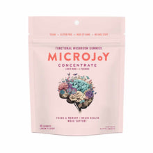 MicroJoy Concentrate functional mushroom gummies package in pink with brain illustration and lemon flavor label.